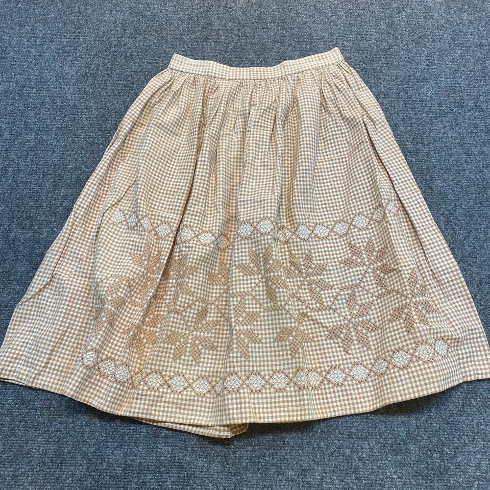 Vintage Womens Small 26 Beige Mid Century Gingham Cross Stitch A Line Skirt